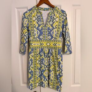 J. McLaughlin Dress Small Lola Catalina Cloth Green Blue Ikat HEMMED